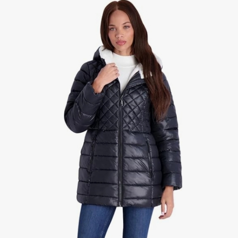 Steve Madden Womens Sherpa Lined Glacier Shield Quilted Coat Forest Black Sz Med